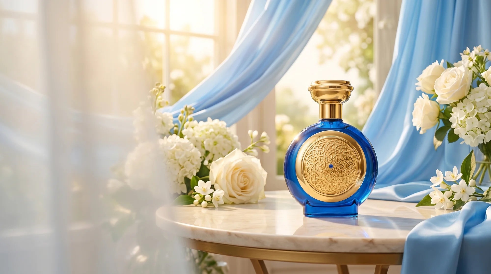 Boadicea the Victorious Blue Sapphire bottle on a marble table in a sunlit conservatory