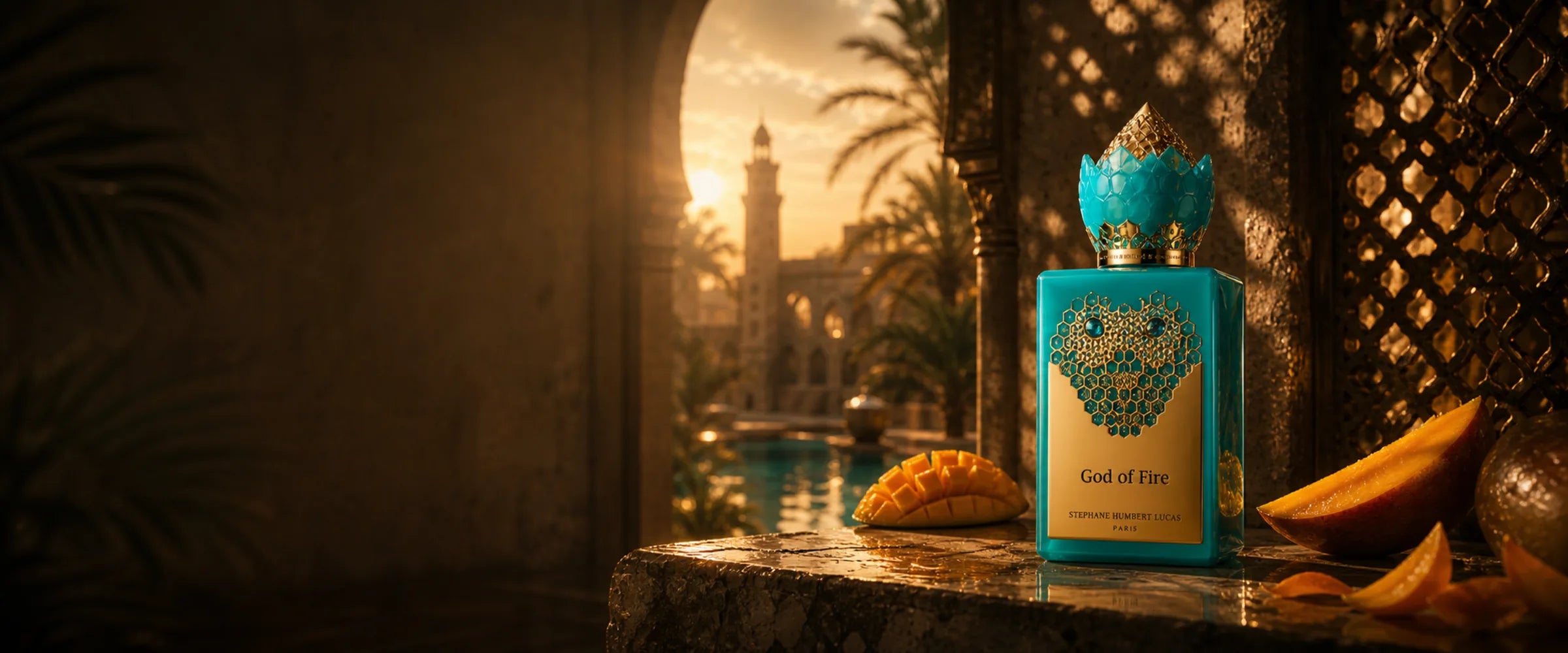 Stephane Humbert Lucas God of Fire bottle in a golden courtyard at dusk